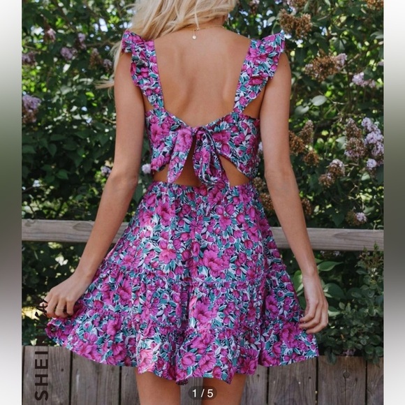 SHEIN VCAY Purple & Blue Floral Print Ruffled Self-Tie Cut Out Mini Dress - Picture 1 of 12